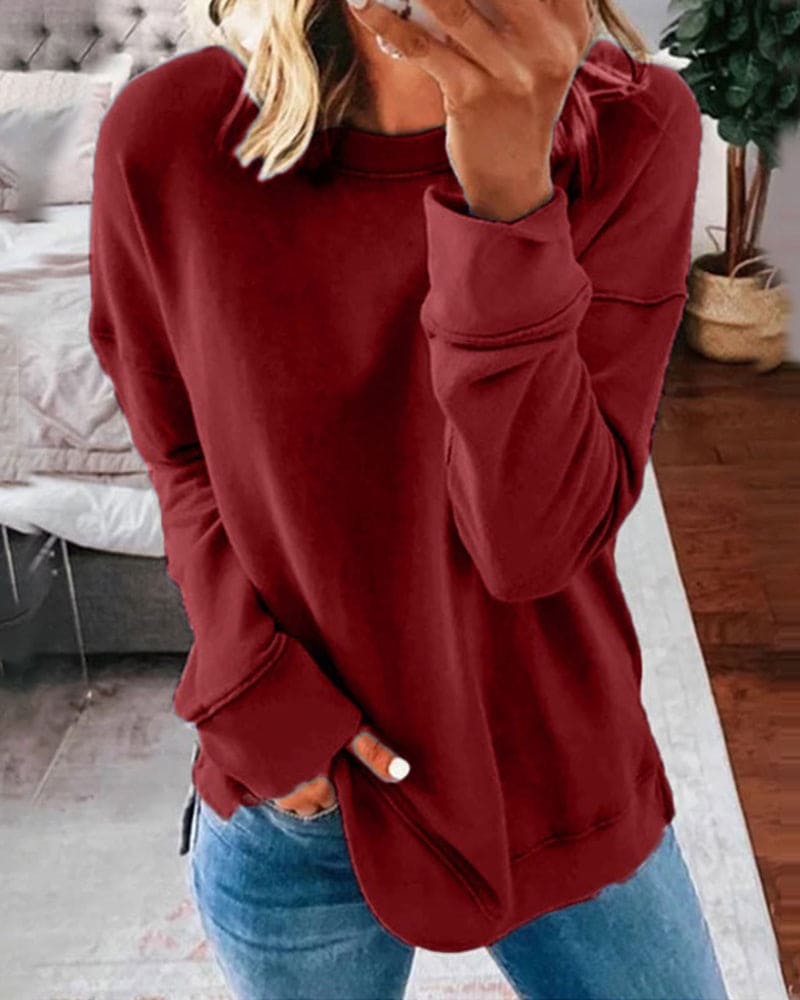 Sweat-shirt décontracté pour femme à col rond avec poignets côtelés