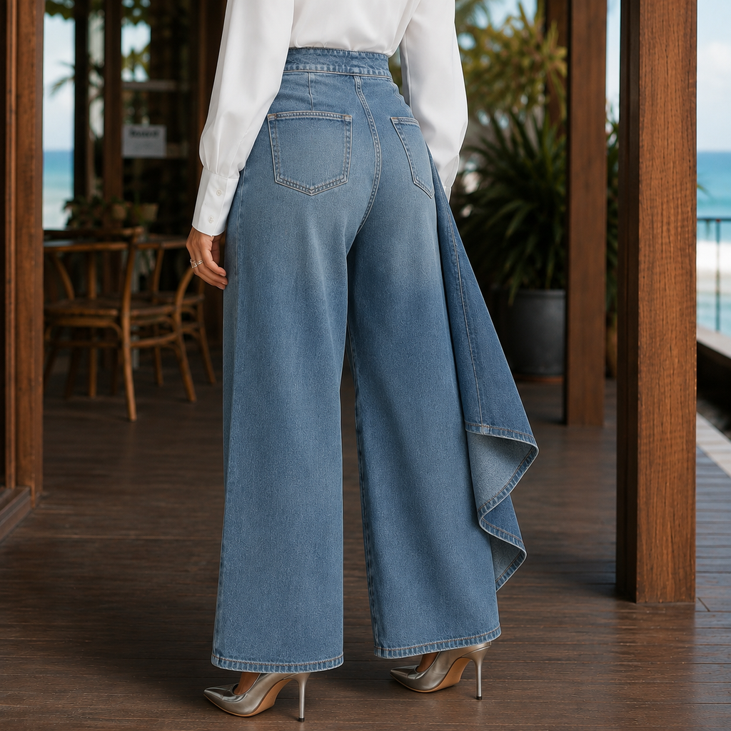 Damebukser i denim med høj talje, vide ben og slå-om-design