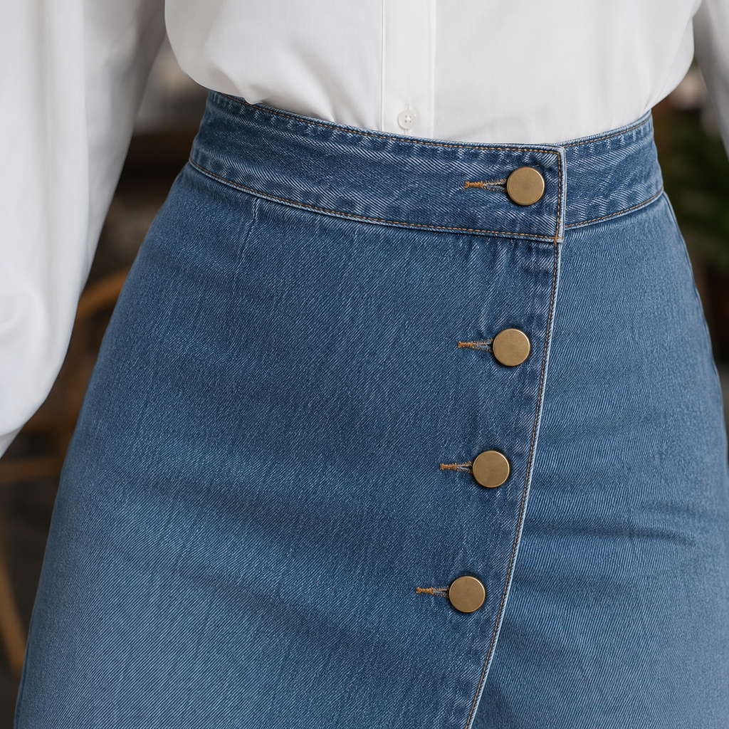 Damebukser i denim med høj talje, vide ben og slå-om-design
