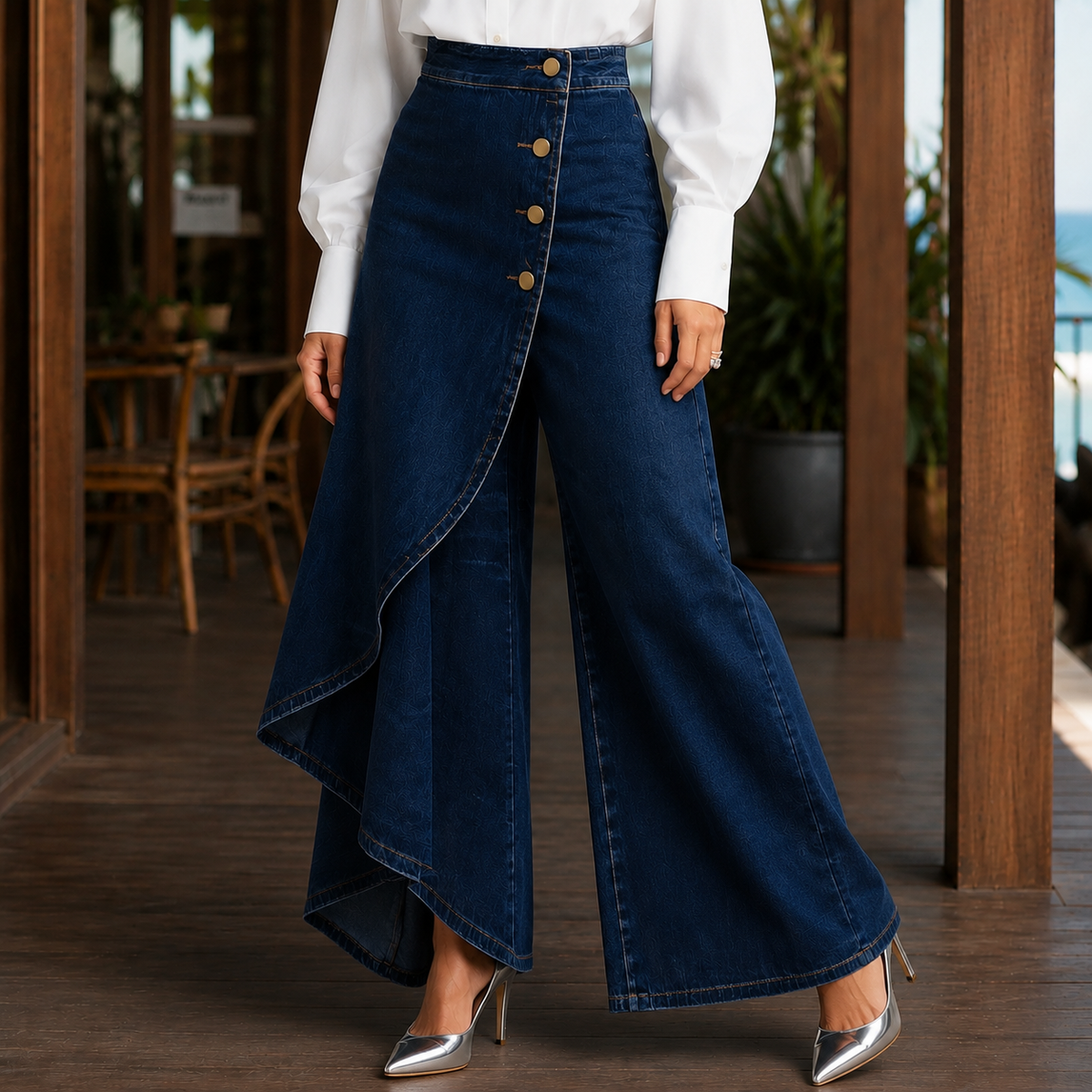 Pantalon en jean pour femme, taille haute, jambes larges et portefeuille