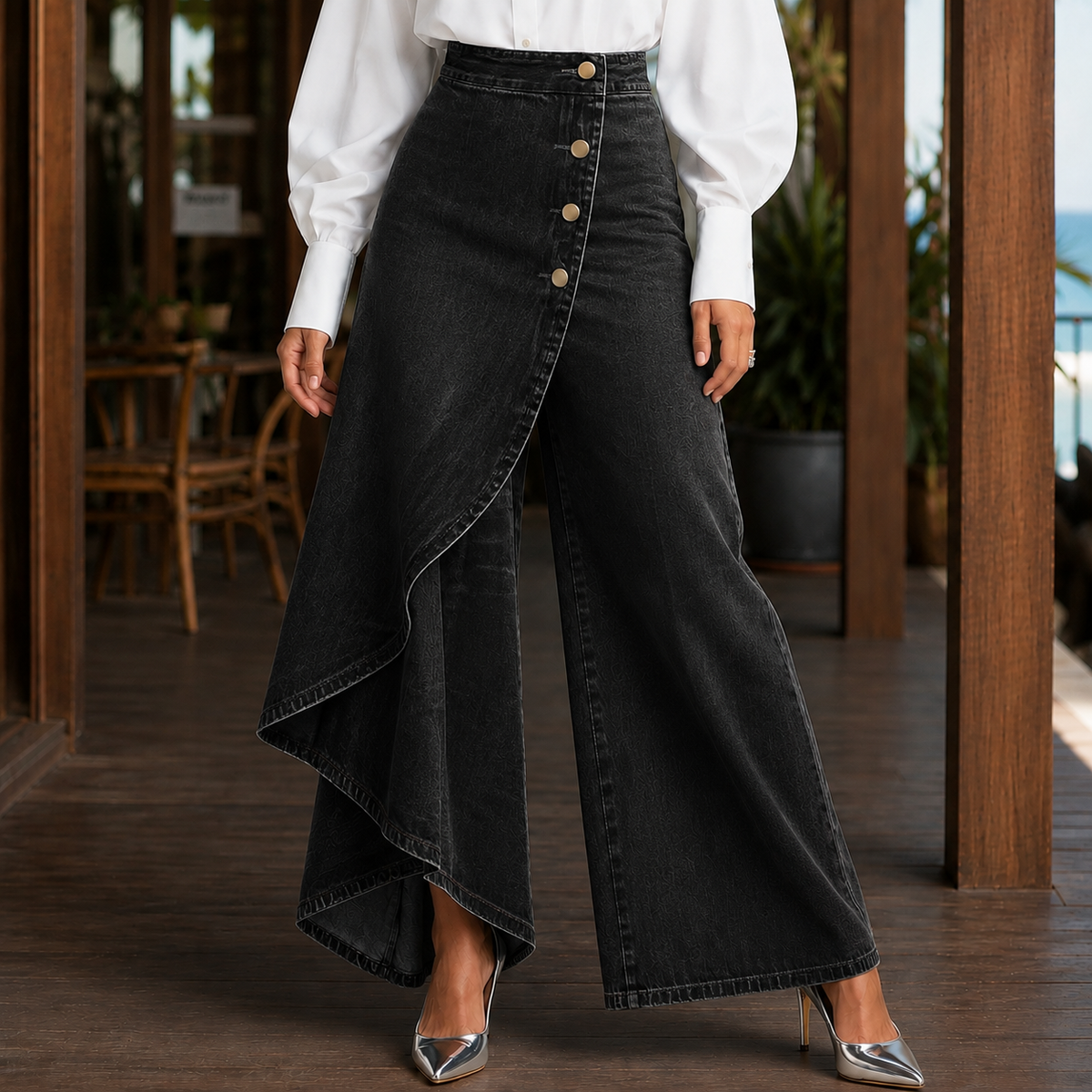 Pantalon en jean pour femme, taille haute, jambes larges et portefeuille