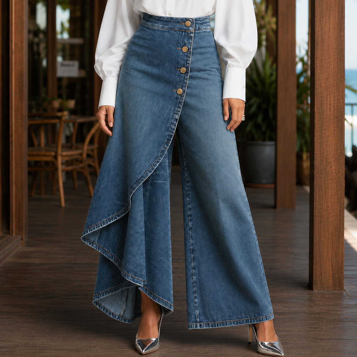 Damebukser i denim med høj talje, vide ben og slå-om-design