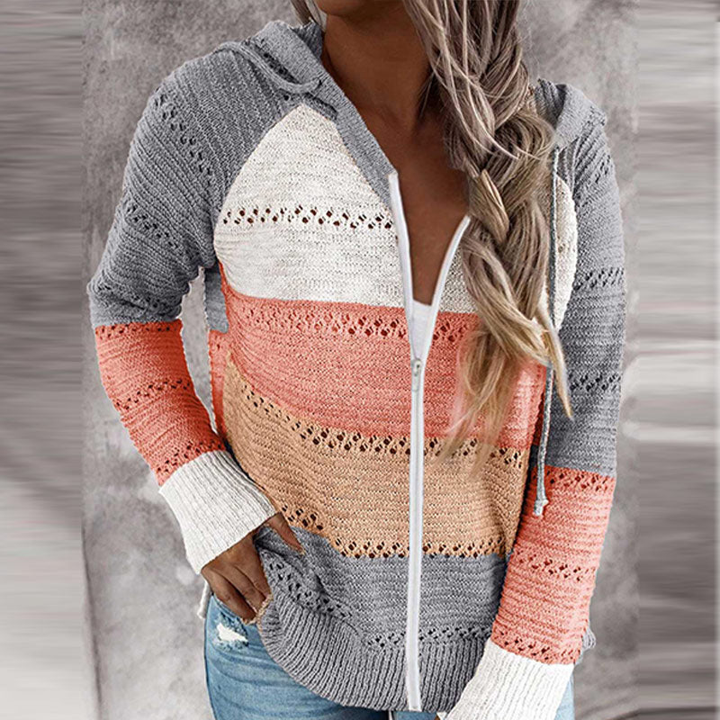 Women's Striped Knitted Zip-Up Hoodie with Drawstring Hood