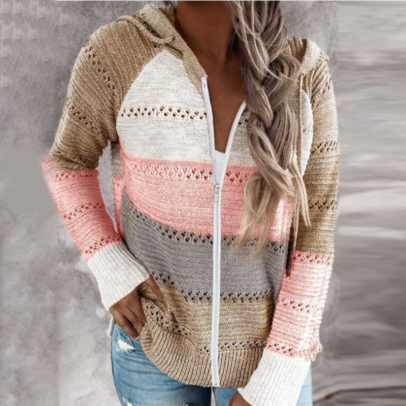 Women's Striped Knitted Zip-Up Hoodie with Drawstring Hood