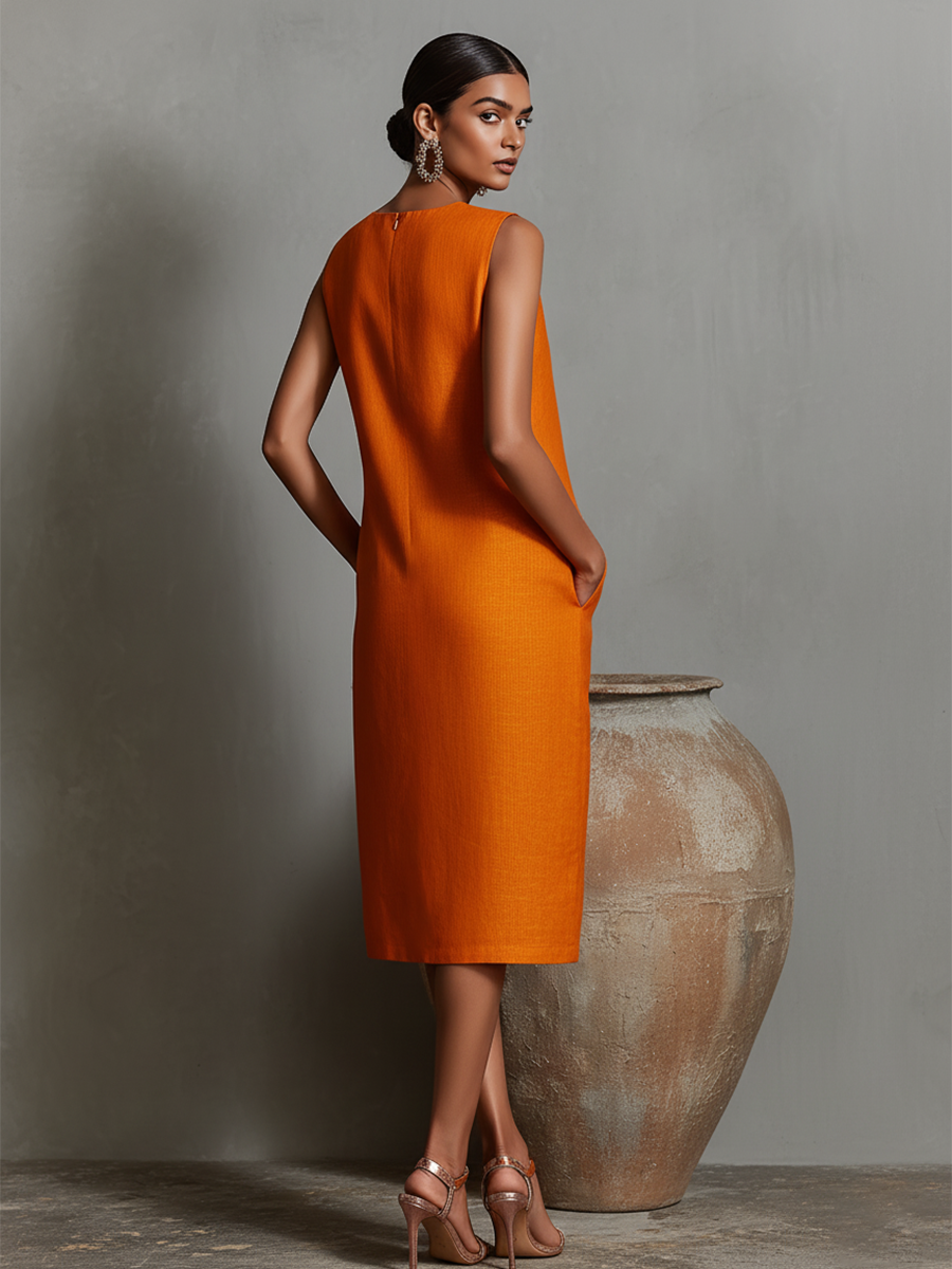 Women's Sleeveless Round Neck Midi Dress with Pockets