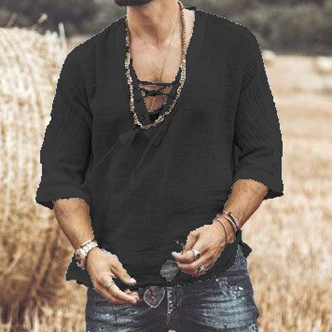 Men's Lace-Up V-Neck Casual Shirt with Relaxed Fit