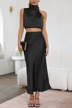 Damen Satin Zweiteiler mit Neckholder-Top und Maxirock für elegante Anlässe