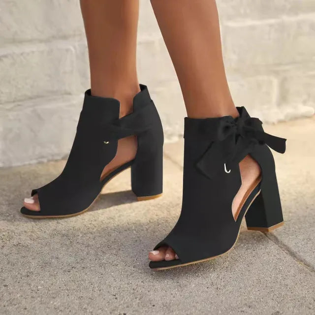 Women's Peep-Toe Ankle Boots with Block Heel and Side Tie for Elegant Wear